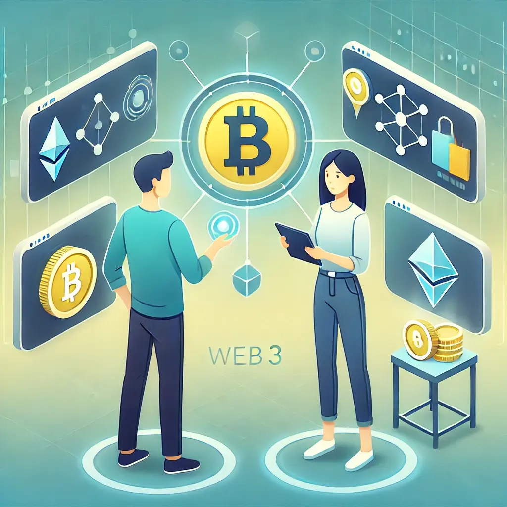 A stylized illustration of two characters interacting in a Web3 environment, focusing on blockchain and decentralized themes. The characters are depic