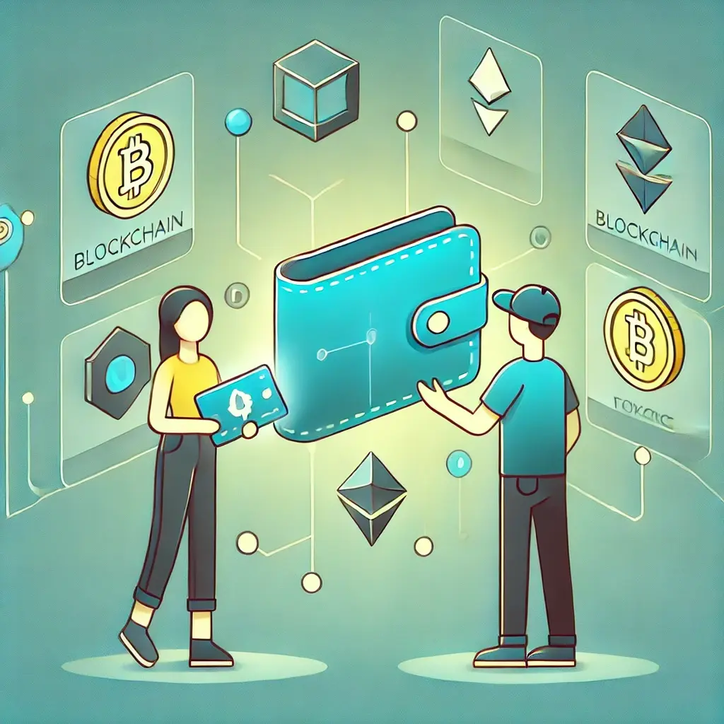 A stylized illustration of two characters interacting in a Web3 environment, using blockchain and decentralized finance themes